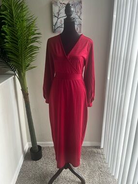 Classic Red Long-Sleeve Wrap Midi Dress